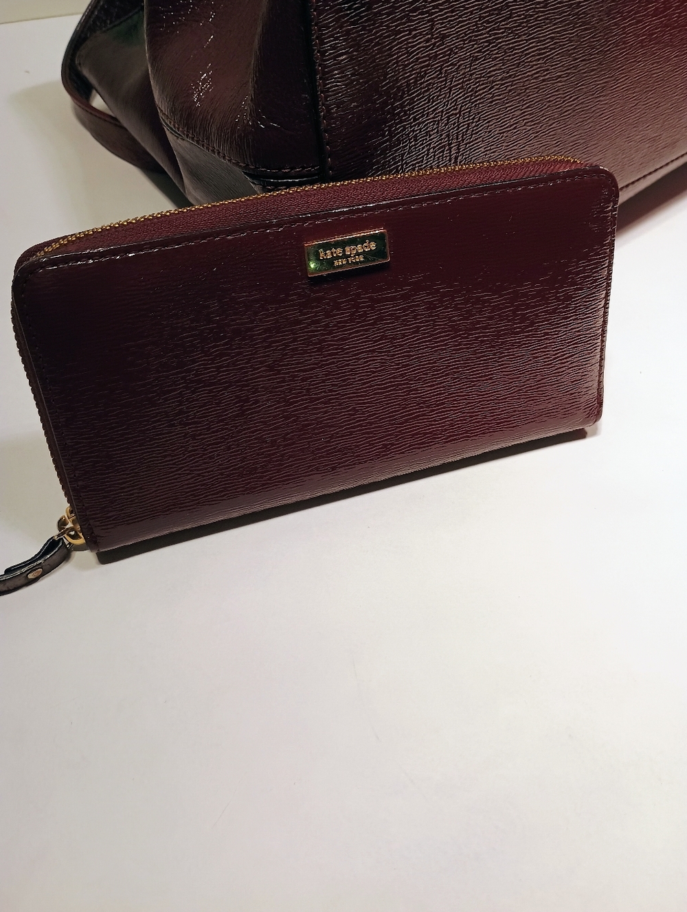 Kate Spade Burgundy Patent Leather Tote with Matching Zip Wallet - Picture 10 of 11